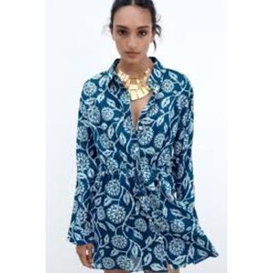 NWT Zara Printed Longline Blouse Floral Shirt Dress Blue